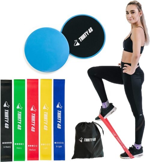 Thirty48 Gliding Discs Core Sliders and 5 Exercise Resistance Bands | Strength, Stability, and Training for Home, Gym, Travel | User Guide & Carry Bag