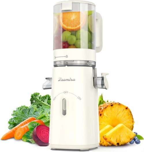Cold Press Juicer, Zasmira Juicer Machines with Large Feeding Chute, Powerful Slow Juicer with Pulp Seperation, 99.6% Juice Purity, Easy to Clean, White