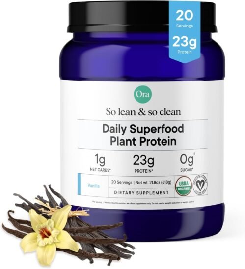 Ora Organic Plant-Based Protein Powder – 23g Protein for Women and Men – Vanilla Flavor 20 Servings, Vegan, Clean Protein, Third-Party Tested, Gluten-Free – 20 Servings
