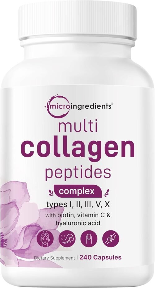 Micro Ingredients Multi Collagen Pills for Women & Men, 240 Capsules | Type I, II, III, V, X – Hydrolyzed Collagen Peptides with Biotin, Hyaluronic Acid & Vitamin C | Hair, Skin, Nail & Joint Support