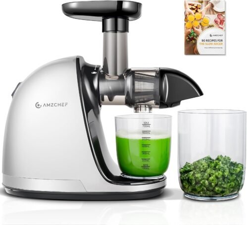 Cold PressJuicer,AMZCHEF Slow Masticating Juicer Machines with Reverse Function, High Juice Yield, Easy Clean with Brush,Recipes for High Nutrient Fruits and Vegetables, White(Updated)
