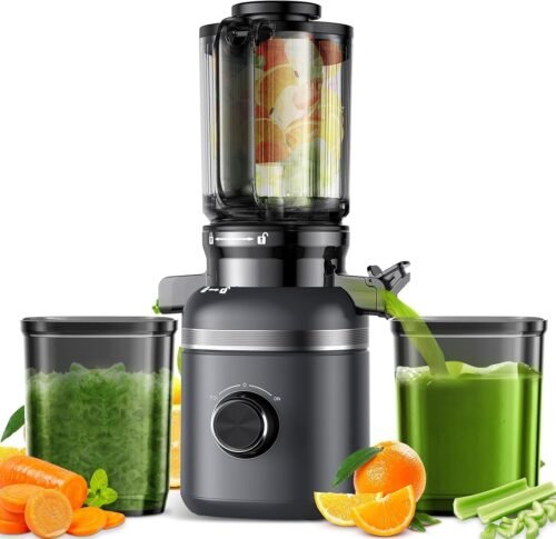 Cold Press Masticating Juicer Machines with Built-in Blades for Slicing Whole Fruits & Vegetables, 4.35″ Large Feeding Chute, Quiet & Easy to Clean, 99% High Juice Yield