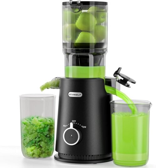 Juicer Machines, ECOSELF Cold Press Juicer with 4.35″ Large Feed Chute Fit Whole Fruits & Vegetables, Juicer Machine Self Feeding Effortless for Batch Juicing, High Juice Yield, Easy to Clean