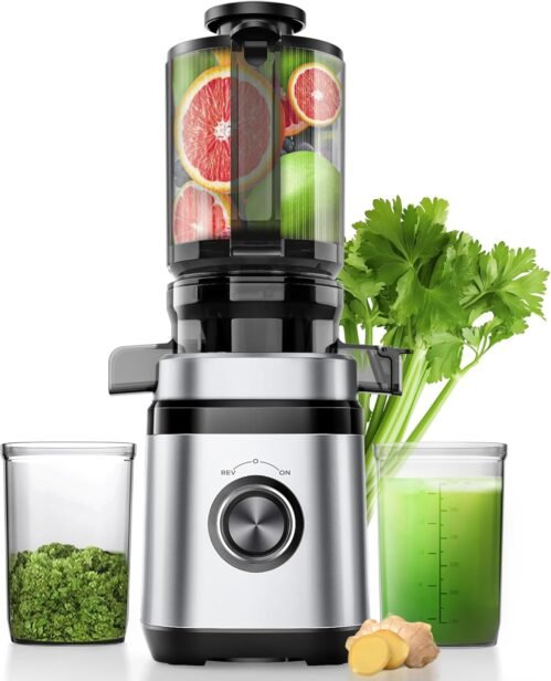 Juicer Machines, Cold Press Juicer with 4.41″ Wide Feed Chute, 350W Slow Masticating Juicers for Whole Vegetables & Fruits, High Juice Yield, Easy to Clean, Large Auger, Silver