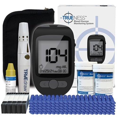 TRUENESS Blood Glucose Meter Bundle – Includes Meter, Meter Case, 100 Test Strips, 100 Lancets, Lancing Device and Control Solution – Ideal for Testing Blood Sugar Levels & Diabetes Management